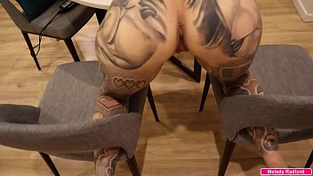 Big Tit Big Thick Ass Tattooed MILF Gets Fucked Hard While Trying To Film Herself With Her Legs Spread On Two Chairs POV Melody Radford